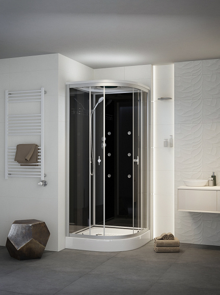 Hidromasszázs zuhanykabin negyedköríves fekete színű üveg hátfalak 90x90x222